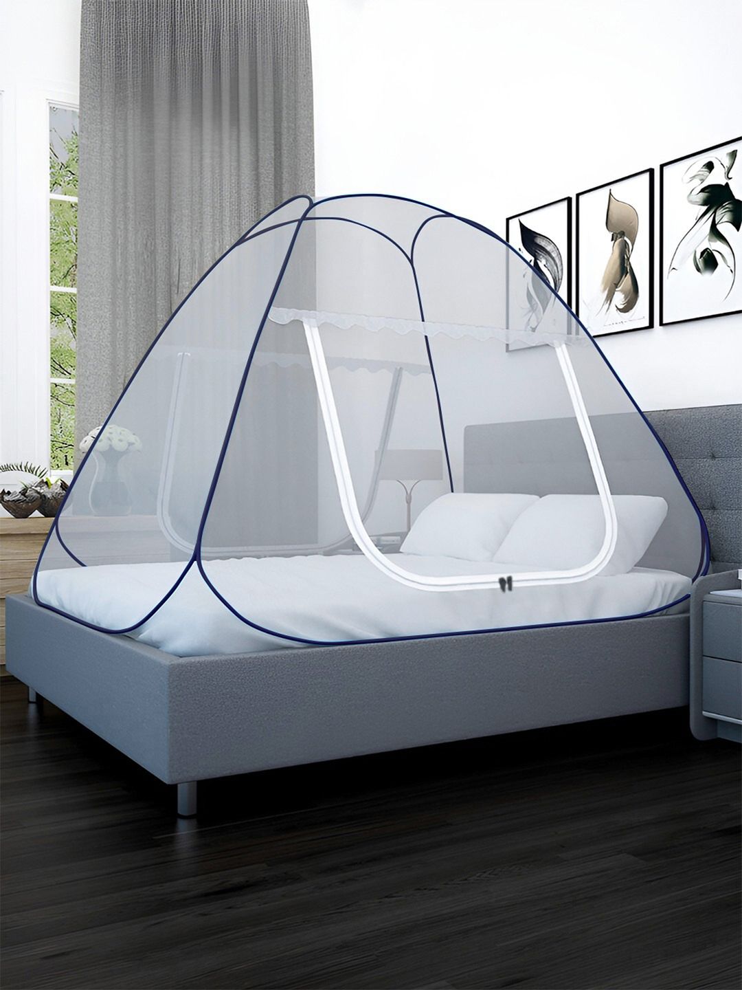 KLOTTHE Navy Blue & White King Size Washable & Foldable Mosquito Net-image-41