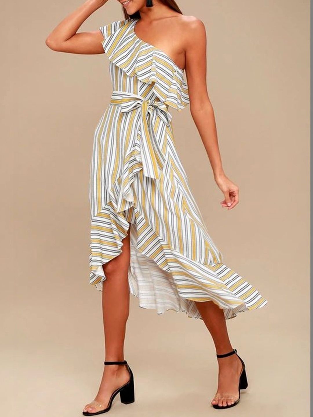 LULU & SKY Striped Asymmetric Hem One-shoulder Dress Dresses-image-6