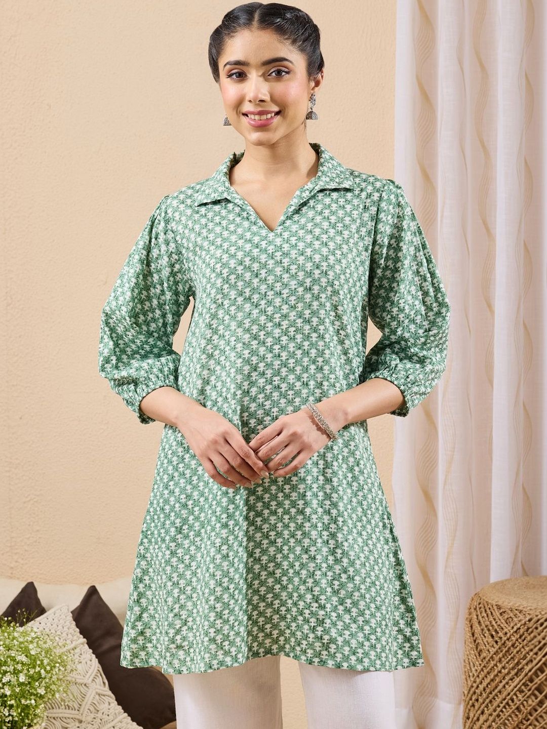 Janasya Floral Printed Shirt Collar Pure Cotton A-line Tunic-image-31
