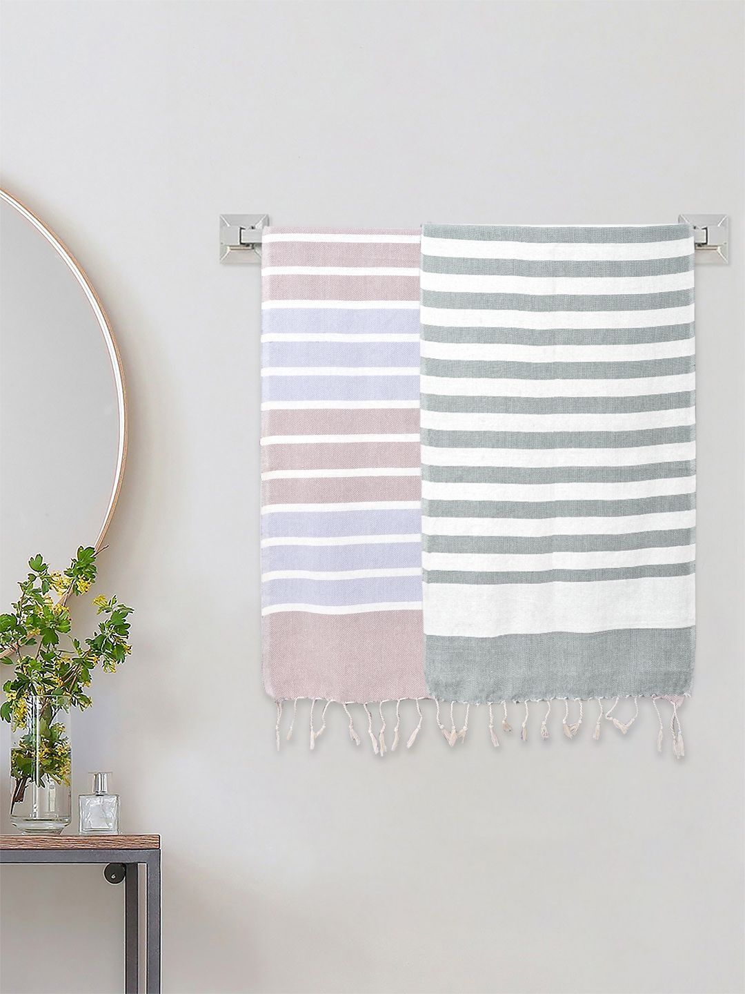 KLOTTHE Multicoloured & Grey 2 Striped Cotton 233 GSM Bath Towel-picture-16