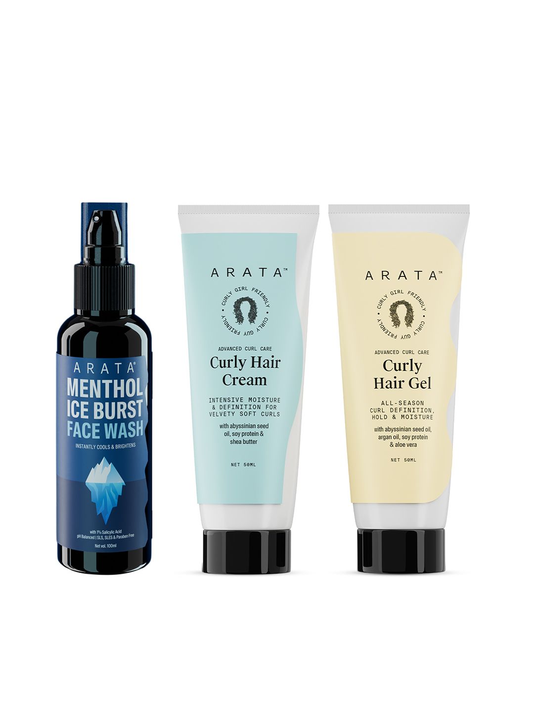 ARATA Set of Menthol Ice Burst Face Wash 100ml + Curly Hair Gel & Cream 50ml each-image-39