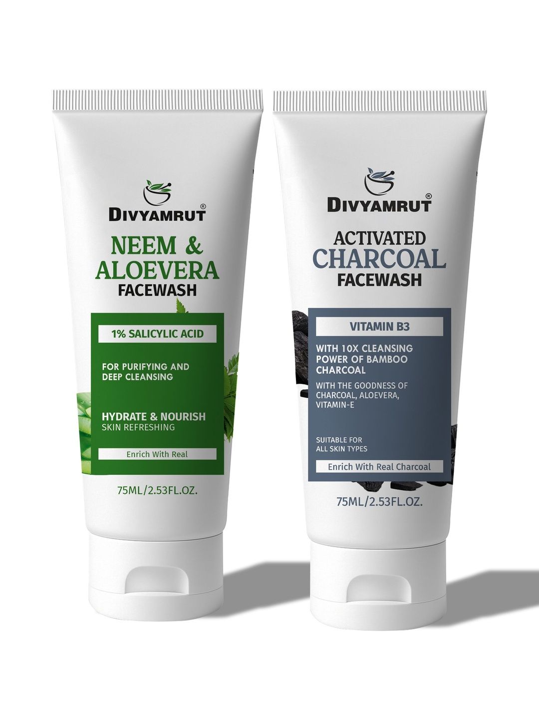 Divyamrut Set Of 2 Neem Aloe Vera & Charcoal Face Wash - 75 ml Each-image-5