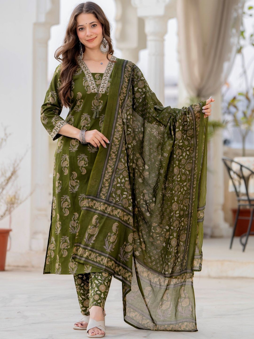 PARTHVI Women Ethnic Motifs Printed Regular Pure Cotton Kurta with Trousers & With Dupatta-picture-45