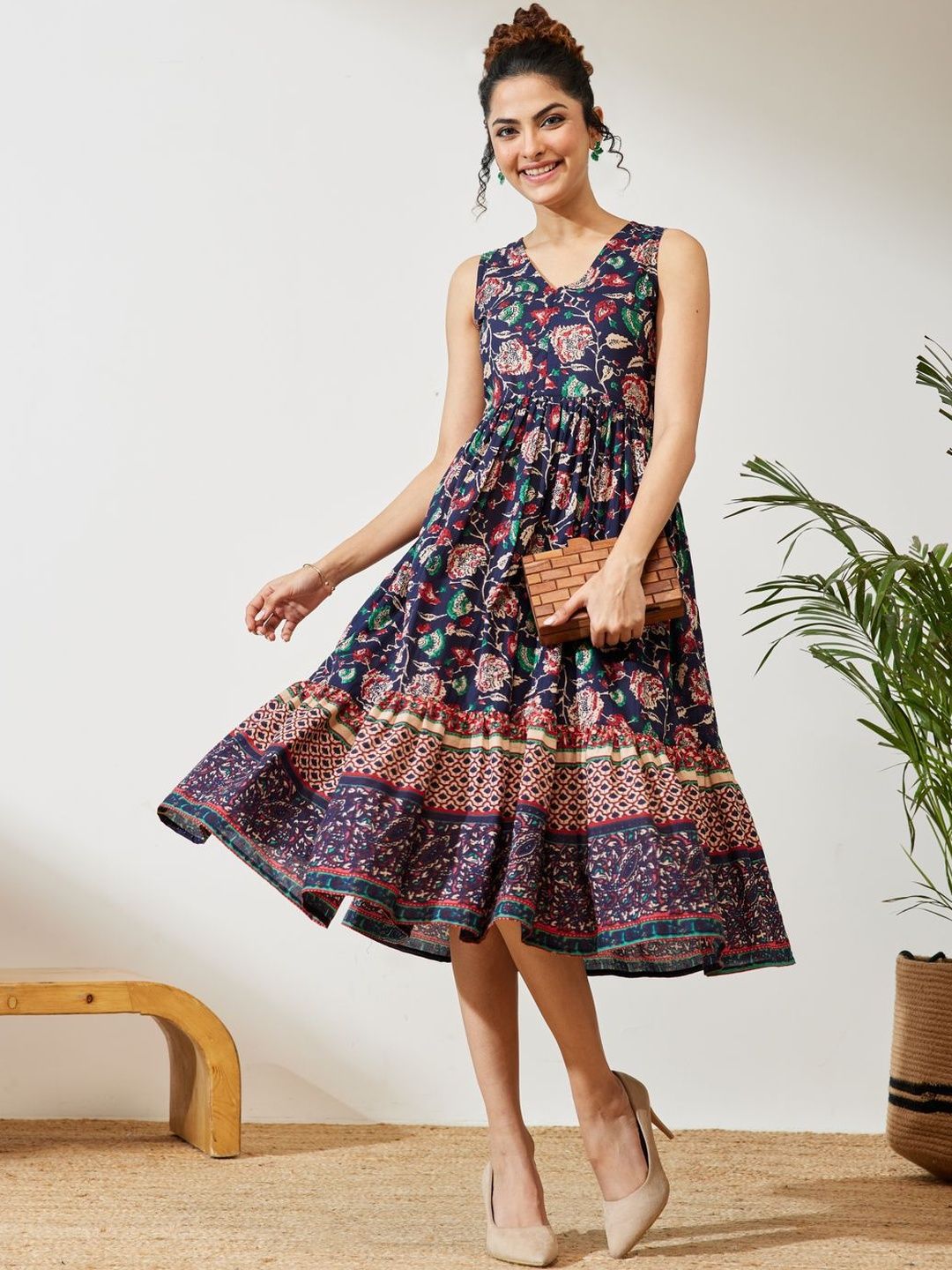 Janasya Women Navy Blue Pure Cotton Floral Prinrted Fit & Flared Dress