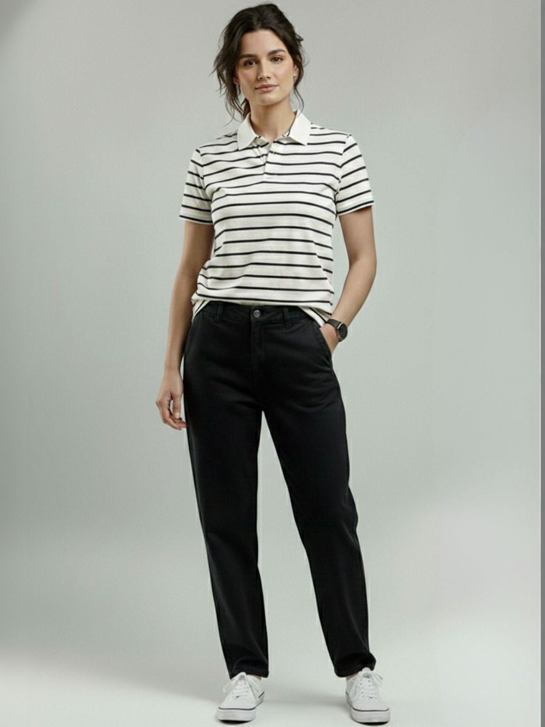 Chemistry Women Striped Polo Collar T-shirt