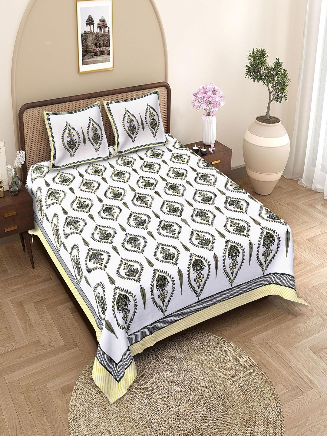 BED-SHEET.COM White Ethnic Motifs King Bedsheet with 2 Pillow Covers-image-5