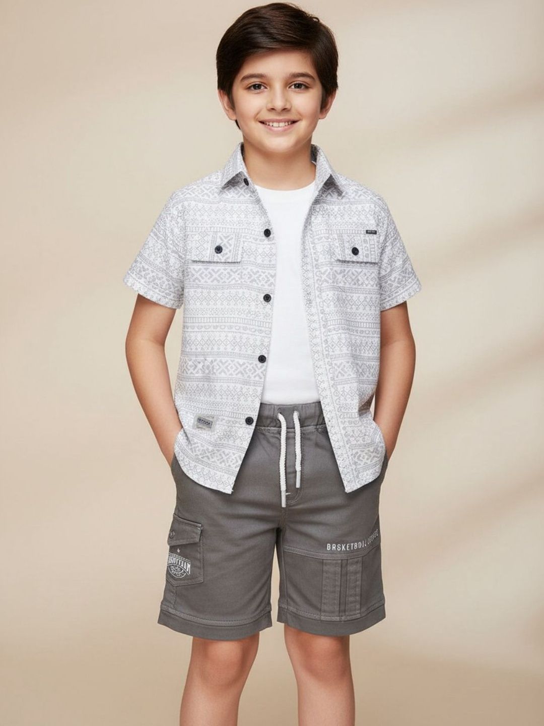 V-Mart Boys Printed Woven-denim Spread Collar Baba Suit Clothing Set