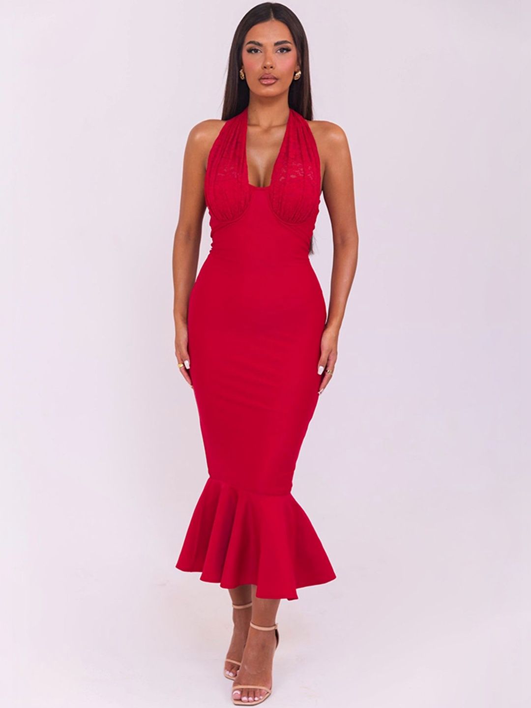 LULU & SKY Halter Red Mermaid Midi Dress Dresses-image-3