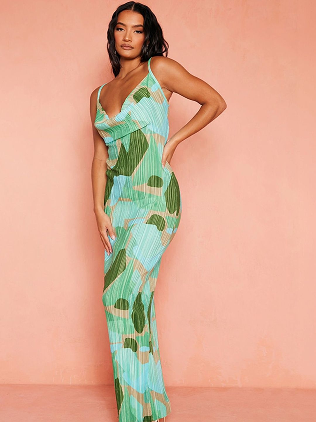 LULU & SKY Abstract Strappy Cowl Neck Green Dress Dresses-picture-14