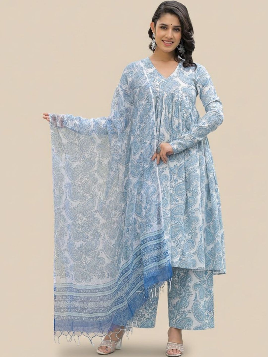 Anouk Rustic White Cotton Paisley Printed Kurta Pant Set With Dupatta Kurta Sets-picture-22