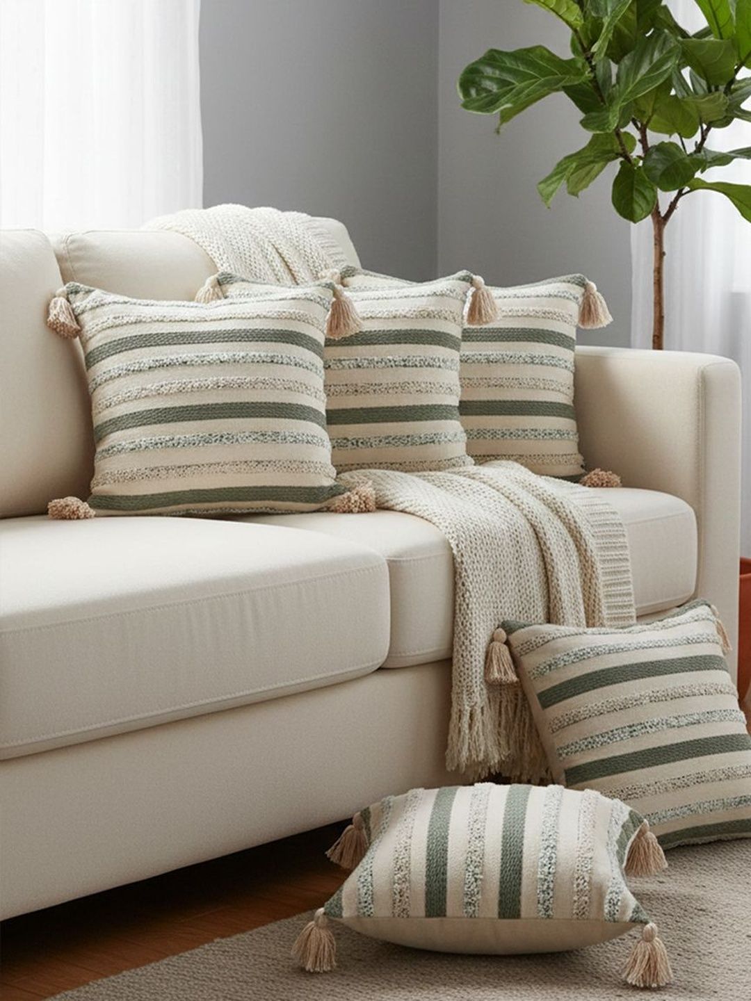ANWYN Green & Beige Set of 5 Striped Square Cushion Covers-image-40