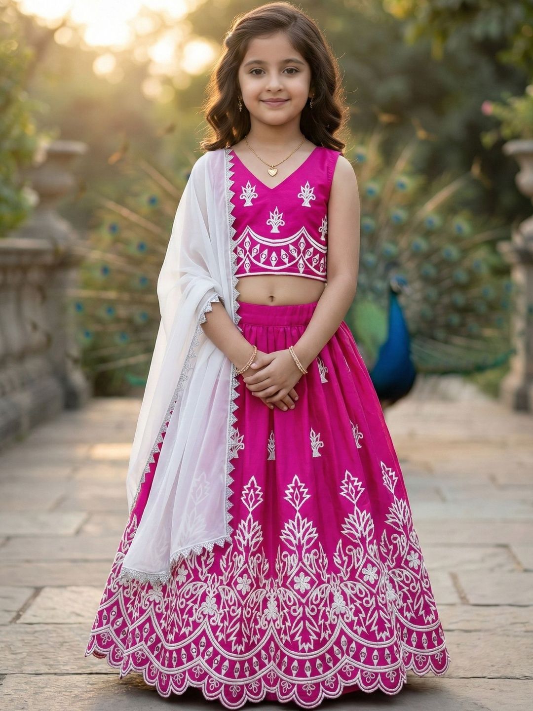 KALINI Girls Embroidered Thread Work Ready to Wear Lehenga & Blouse With Dupatta