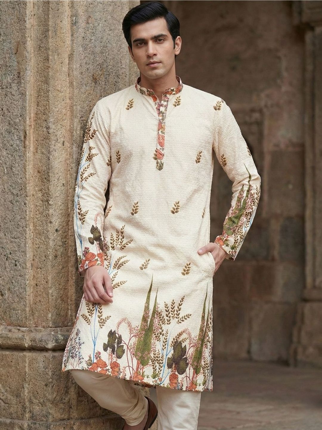 VOZIA Men Ethnic Motifs Embroidered Chikankari Kurta