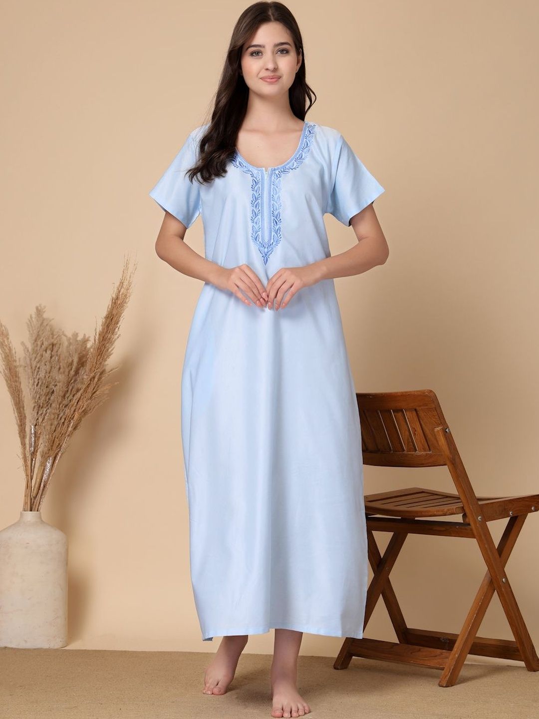 KLOTTHE Embroidered Round Neck Maxi NIghtdress-picture-49