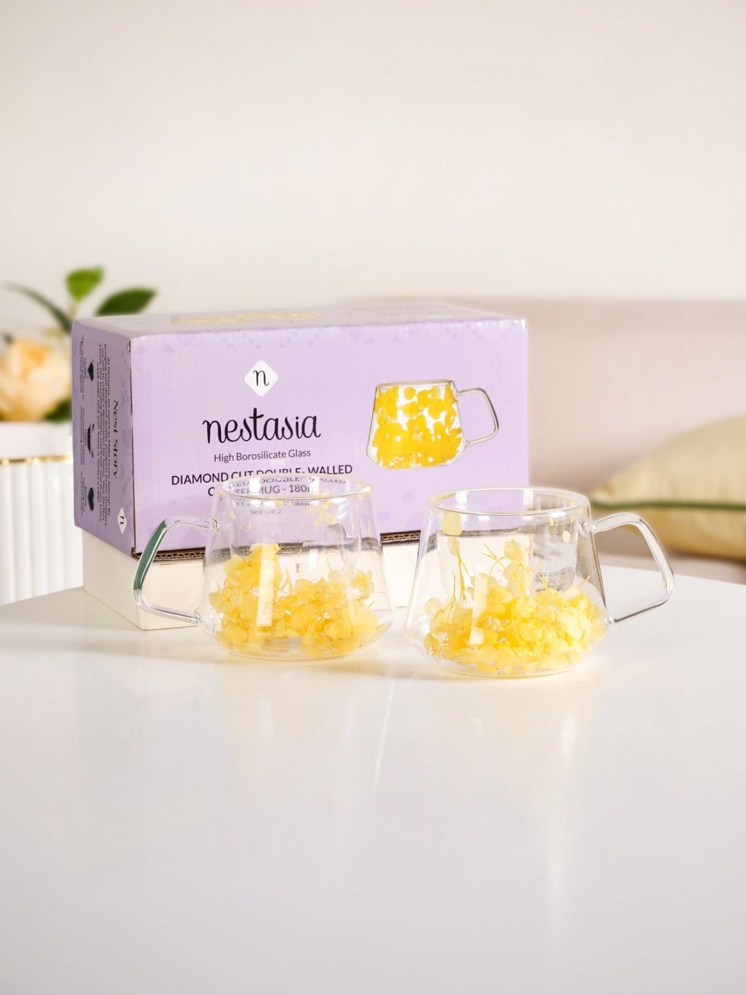 Nestasia Transparent & Yellow 2 Pieces Floral Printed Mugs-picture-18
