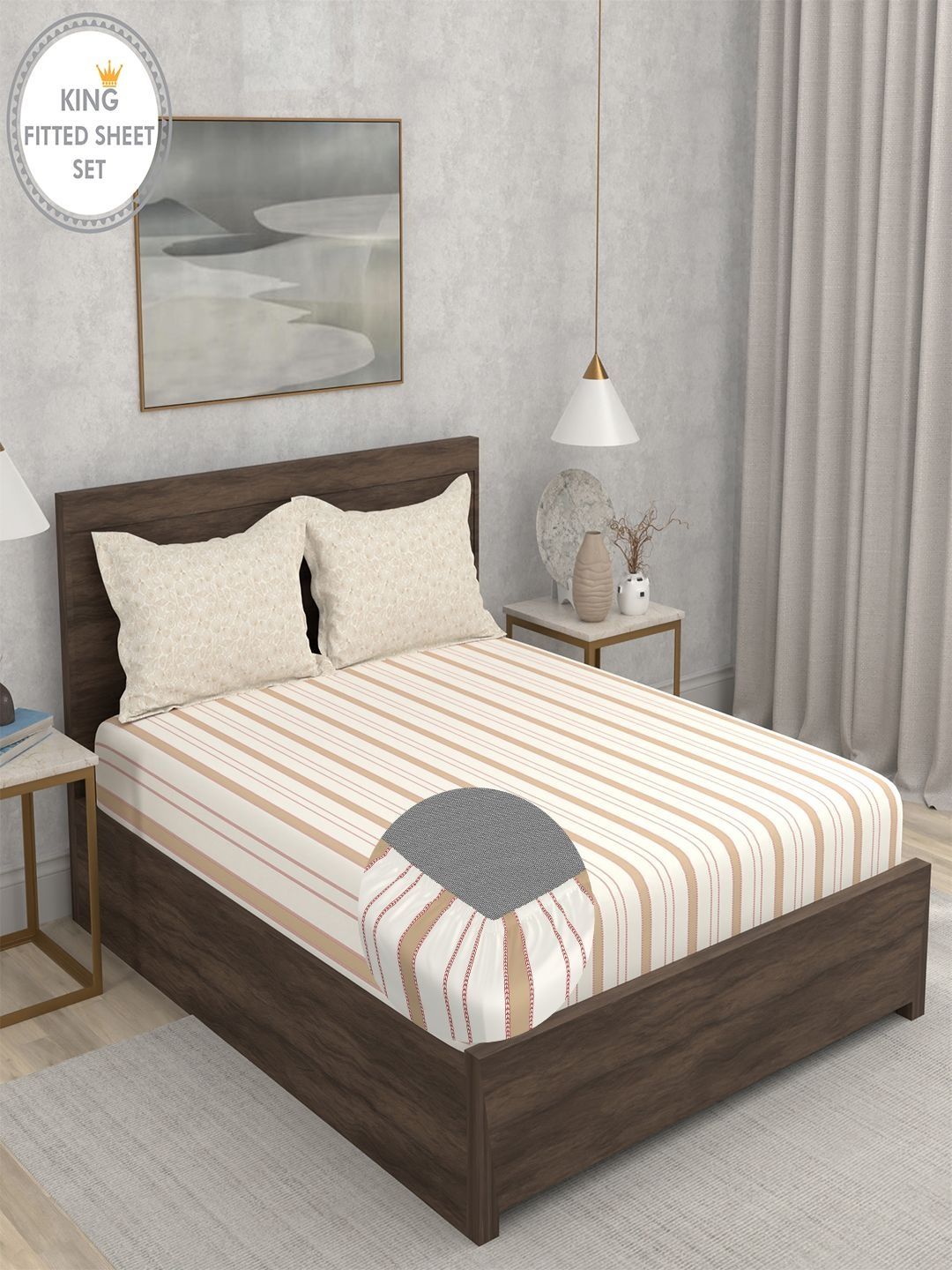 Portico Off White Striped 152 TC King Bedsheet with 2 Pillow Covers-image-13