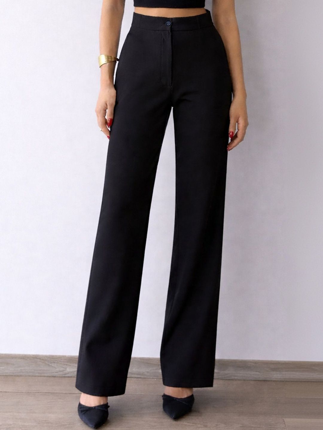 CREZYVEZY Women Relaxed Straight Leg Straight Fit High-Rise Non Iron Trousers-picture-39