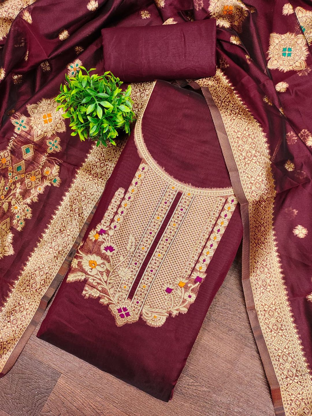 Rangtulika Ethnics Embroidered Art Silk Unstitched Dress Material-picture-2