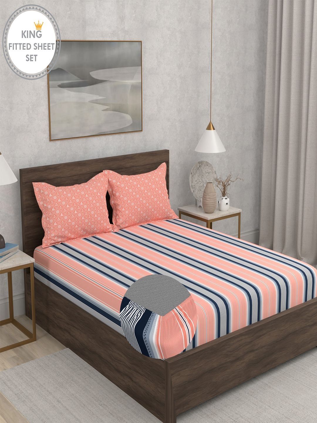 Portico Peach-Coloured & Navy Blue Striped 152 TC King Bedsheet with 2 Pillow Covers-image-35