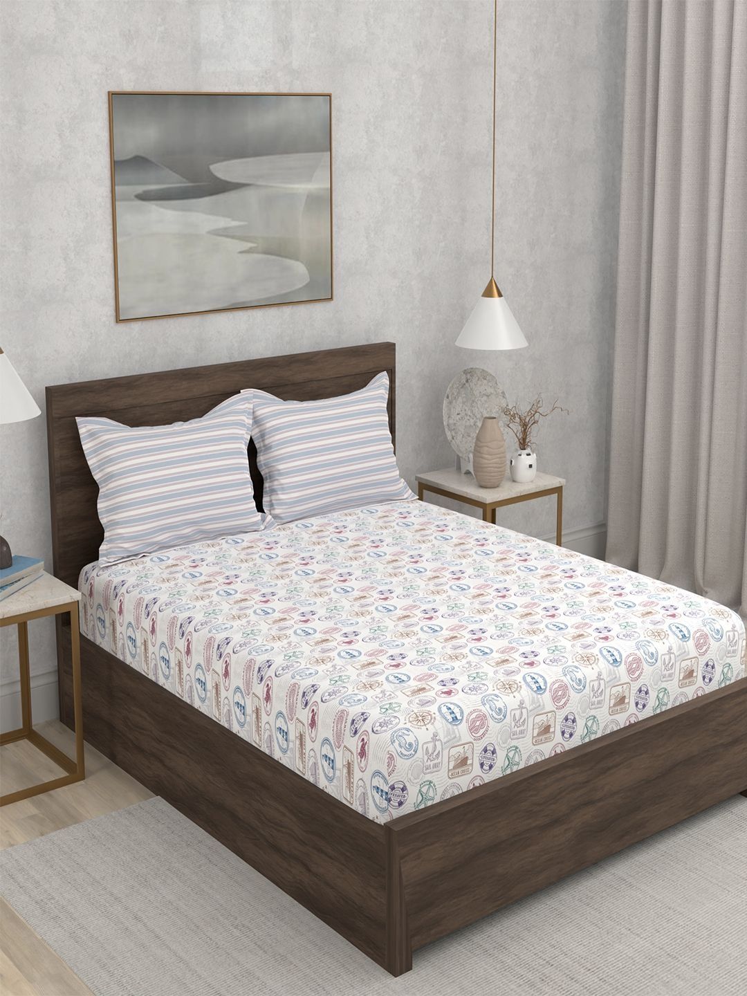 Portico Hashtag 152 TC Pure Cotton Multi Super King Bedsheet & 2 Pillow Covers-image-22