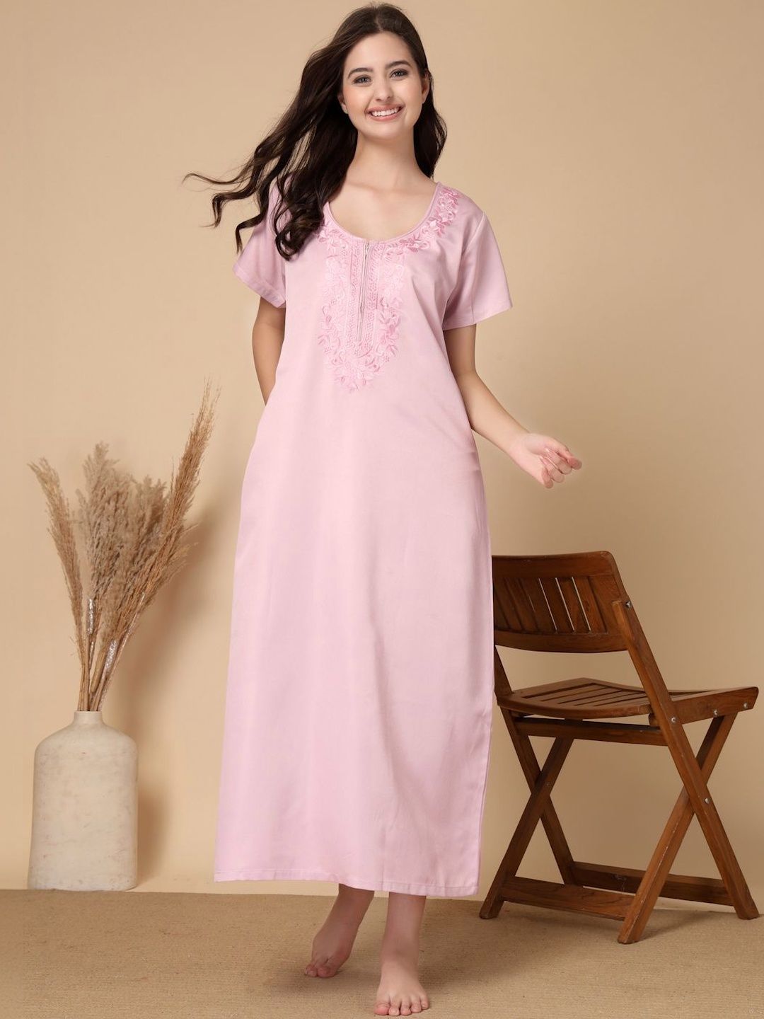 KLOTTHE Embroidered Round Neck Maxi NIghtdress-picture-53