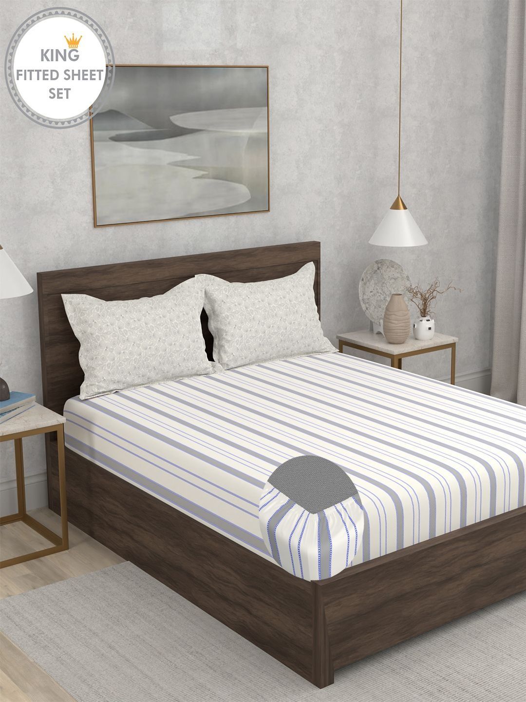 Portico White & White Striped 152 TC King Bedsheet with 2 Pillow Covers-image-30