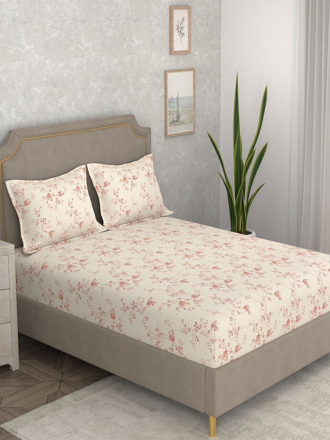 Portico Cream-Coloured & Cream-Coloured Floral 220 TC King Bedsheet with 2 Pillow Covers-image-34