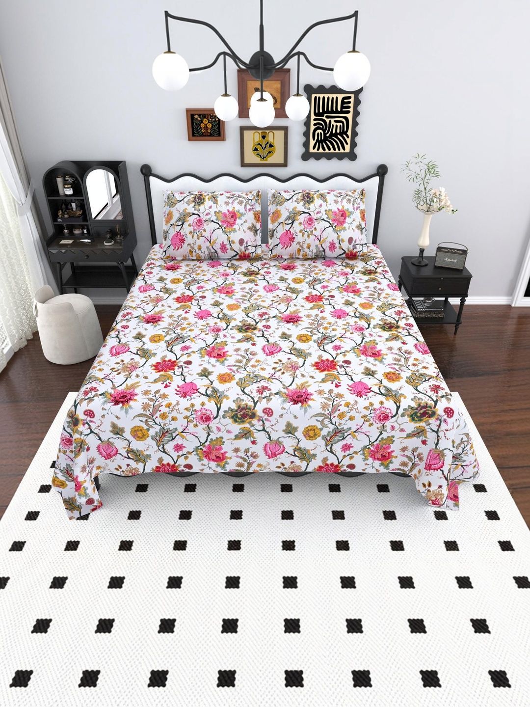 MAFATLAL White Floral 144 TC King Bedsheet with 2 Pillow Covers-picture-25