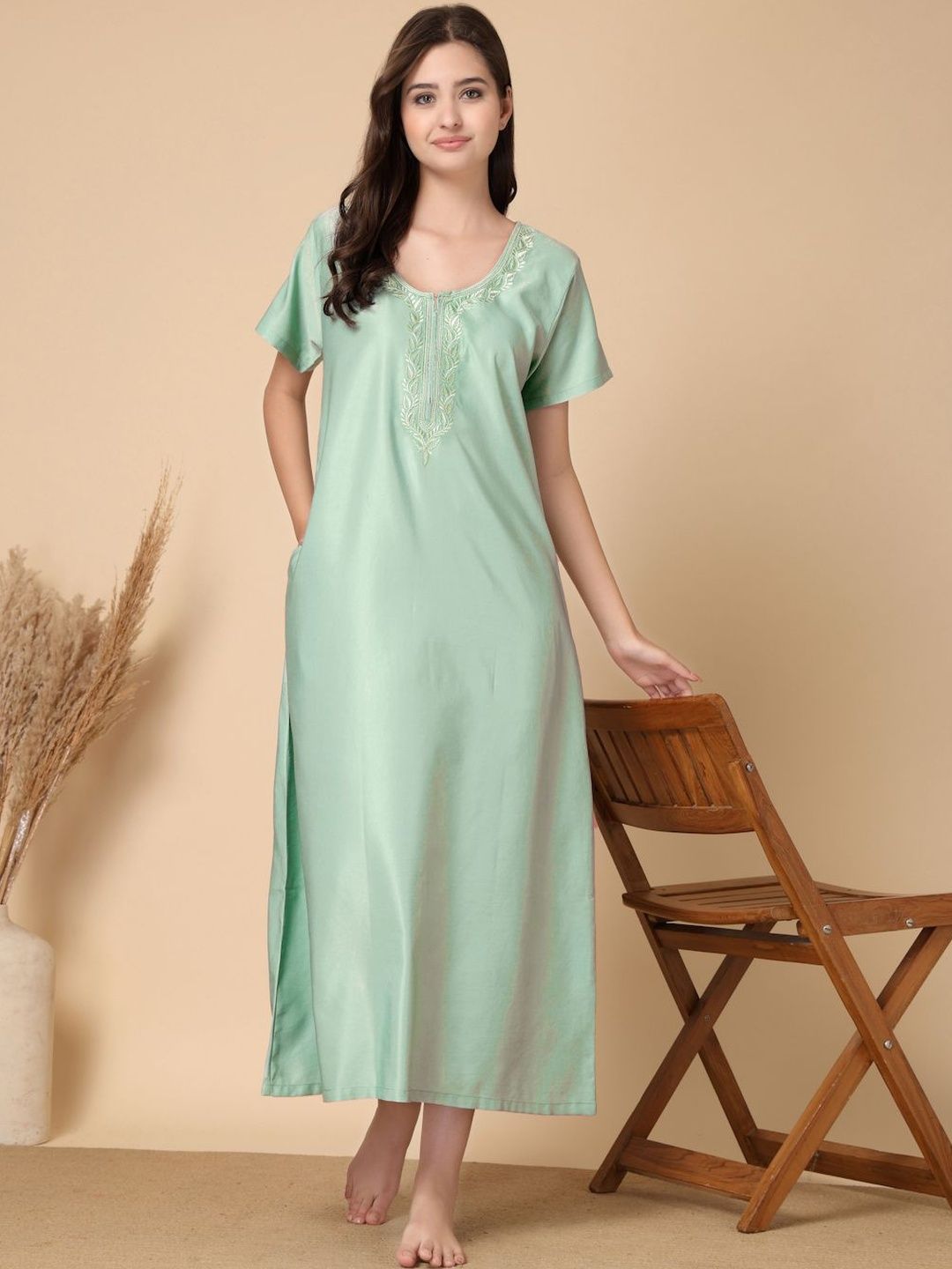 KLOTTHE Embroidered Round Neck Maxi NIghtdress-picture-28