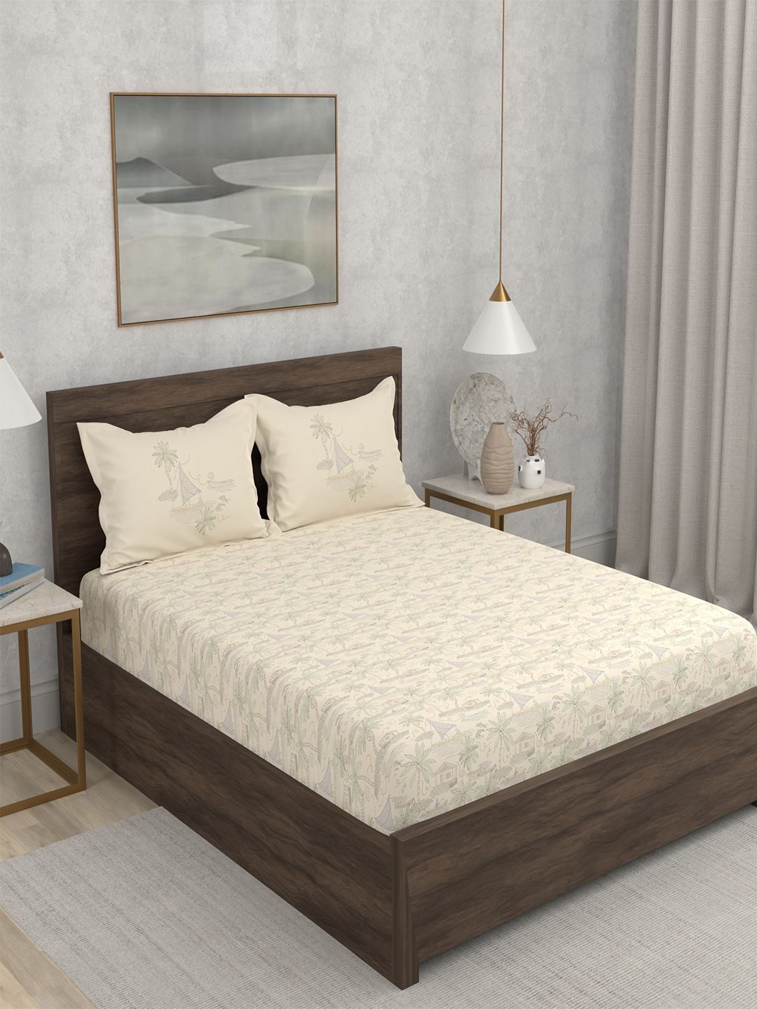 Portico Hashtag 152 TC Pure Cotton Beige Super King Bedsheet & 2 Pillow Covers-image-31