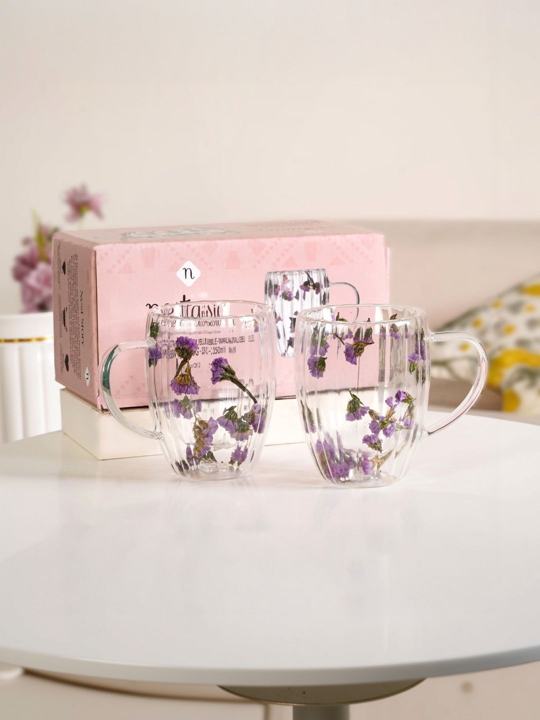 Nestasia Transparent & Purple Floral Printed Glass Transparent Mugs Set of Cups and Mugs-picture-30