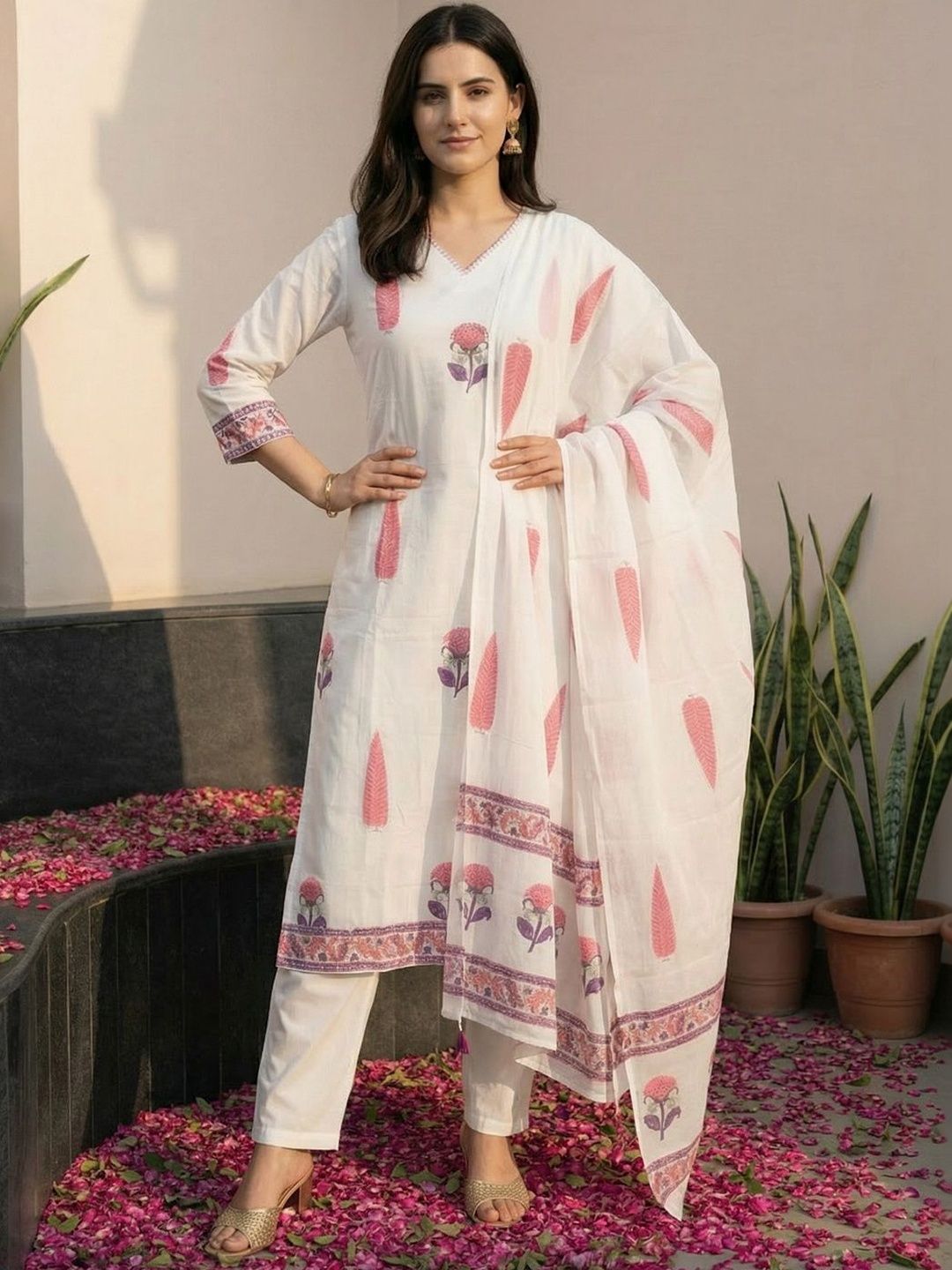 Indo Era Women Floral Printed Regular Pure Cotton Kurta with Trousers & With Dupatta-picture-28