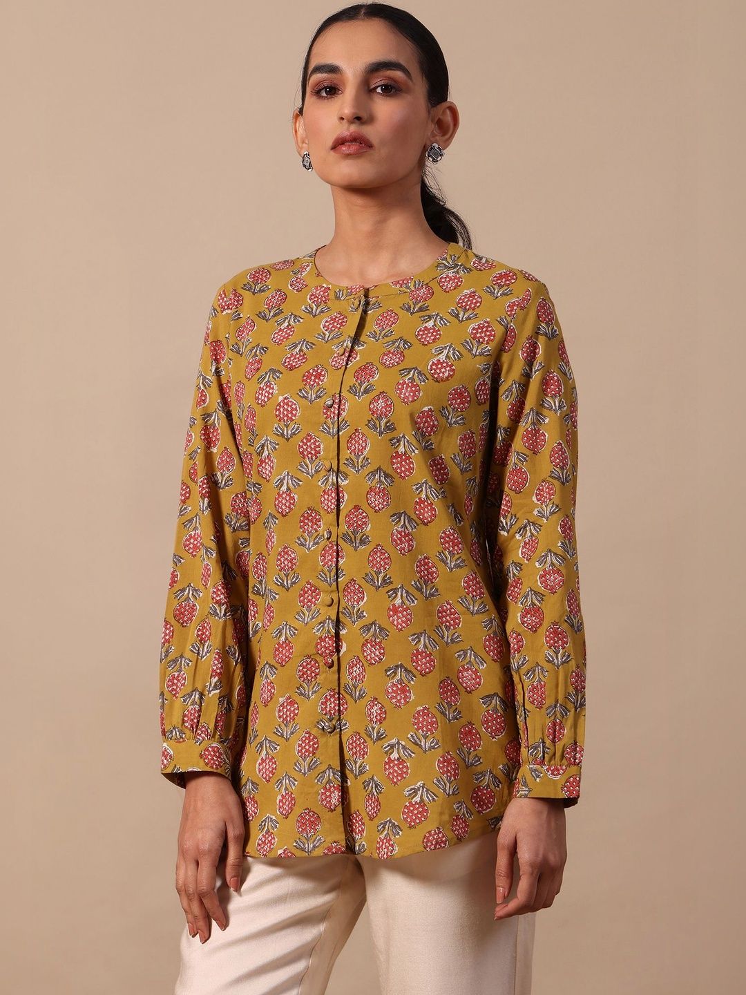 Folk Song Floral Print Mandarin Collar Ethnic Cotton Top-picture-51
