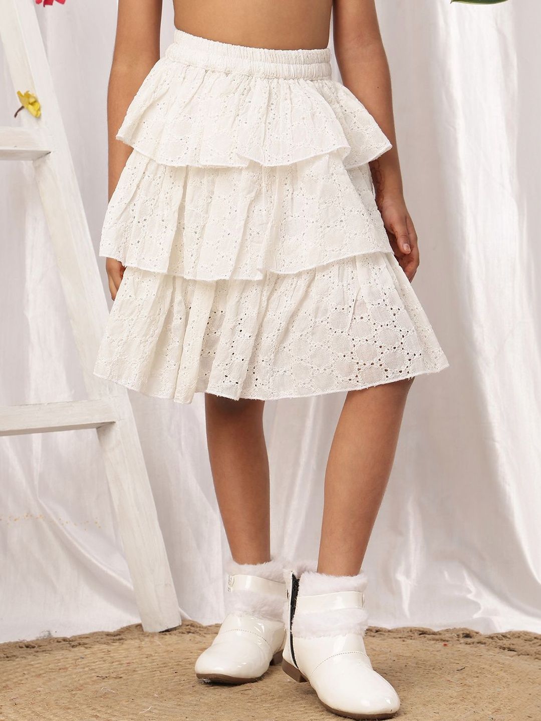 NEUDIS Girls Cotton Blend Frills Bows and Ruffles Knee Length Flared Skirt-picture-33
