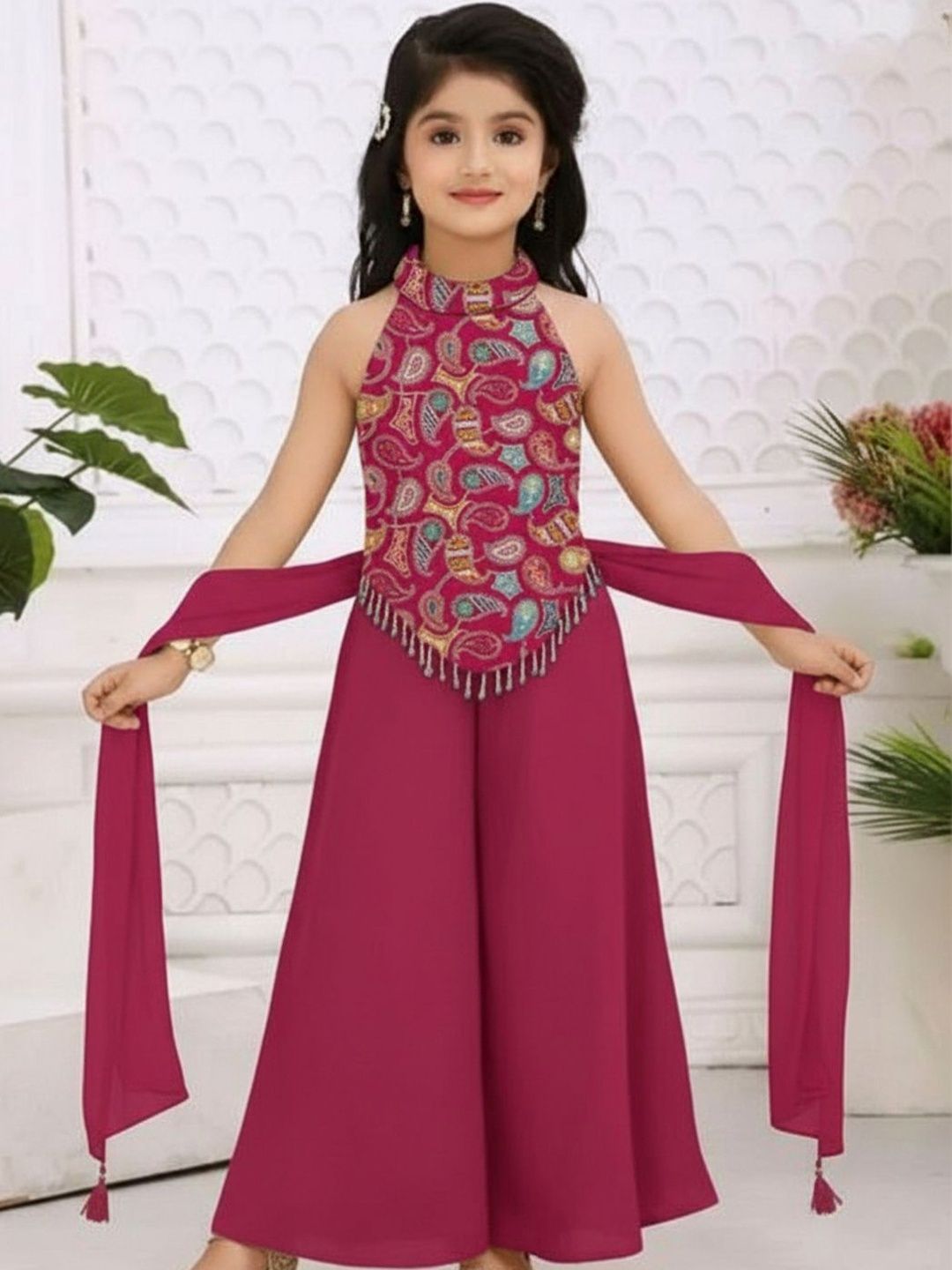 BAESD Girls Ethnic Motifs Printed Beads and Stones Top with Palazzos