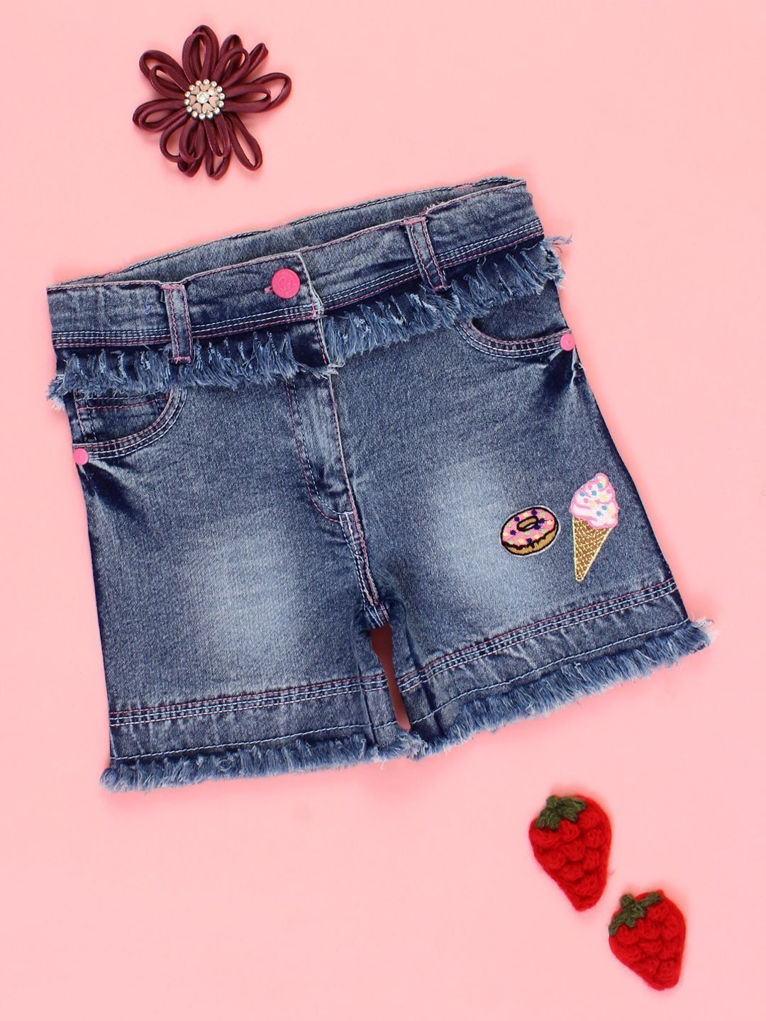 CUTECUMBER Girls Embellished High-Rise Denim Blend Denim Shorts