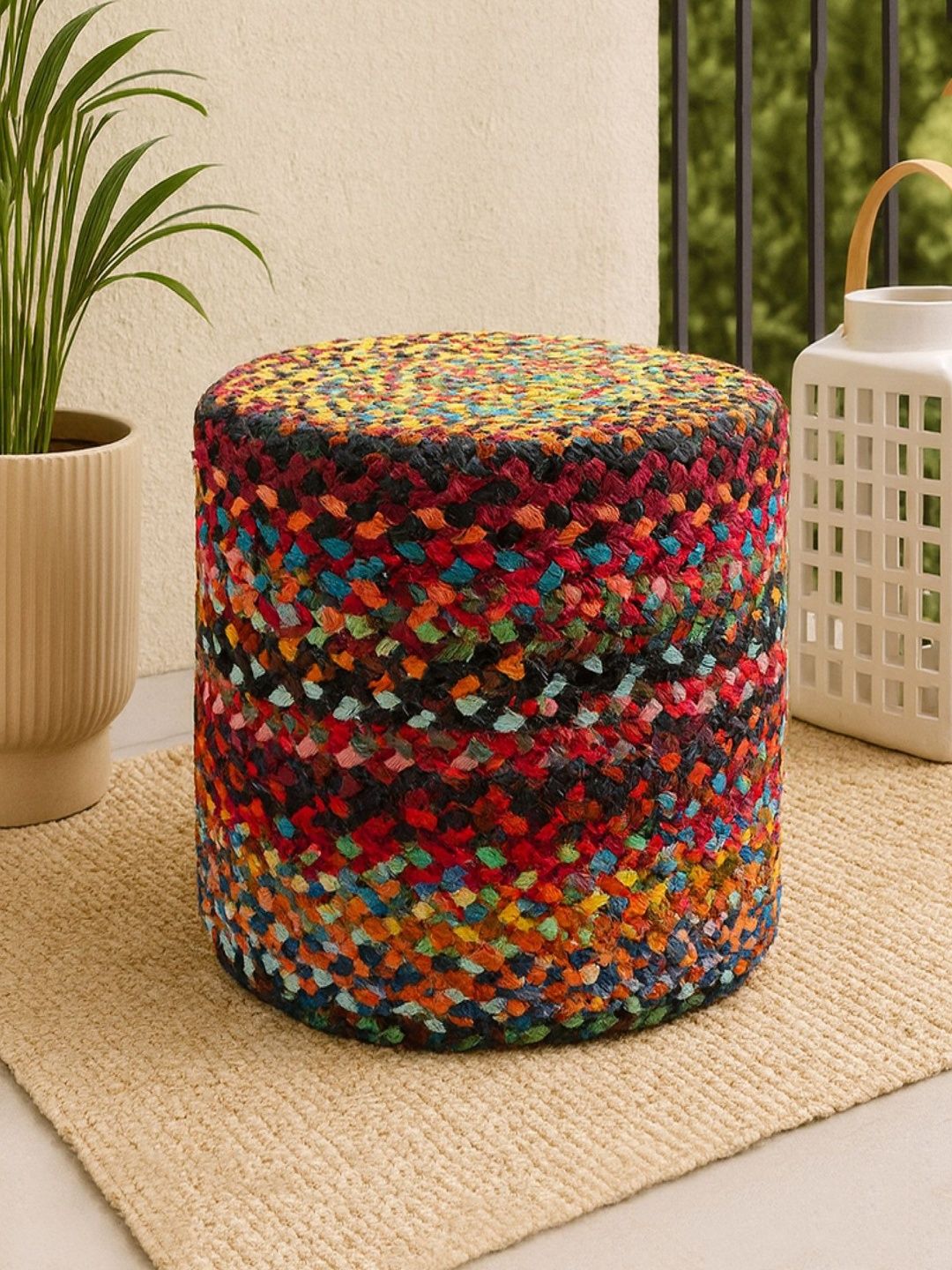 HABERE INDIA Red Braided Cylindrical Ottomans-picture-12