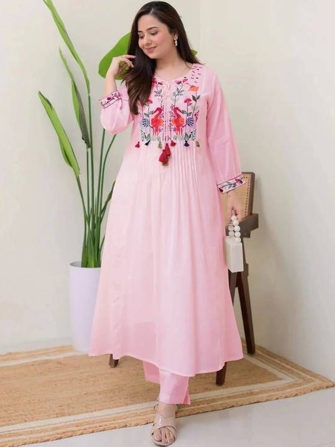 NAKSHKURTIS Women Ethnic Motifs Embroidered Panelled Thread Work Pure Cotton Kurta with Trousers-picture-52