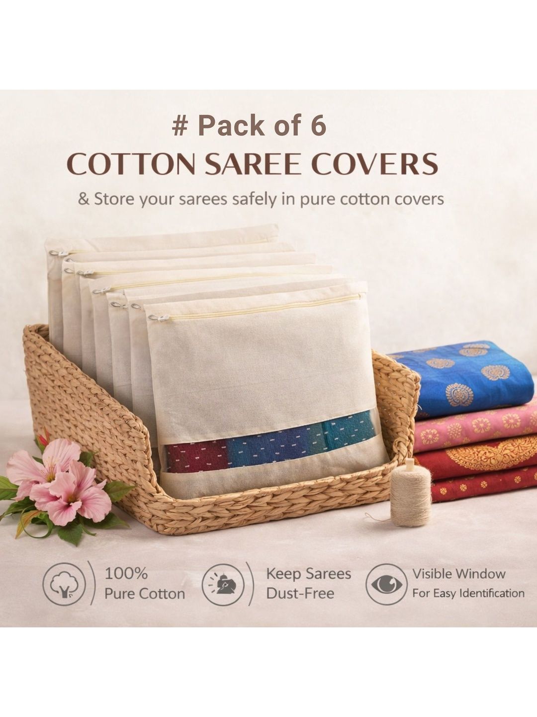 KESARI COLLECTION Beige Set of 6 Reusable Multi-Utility Organisers-picture-55