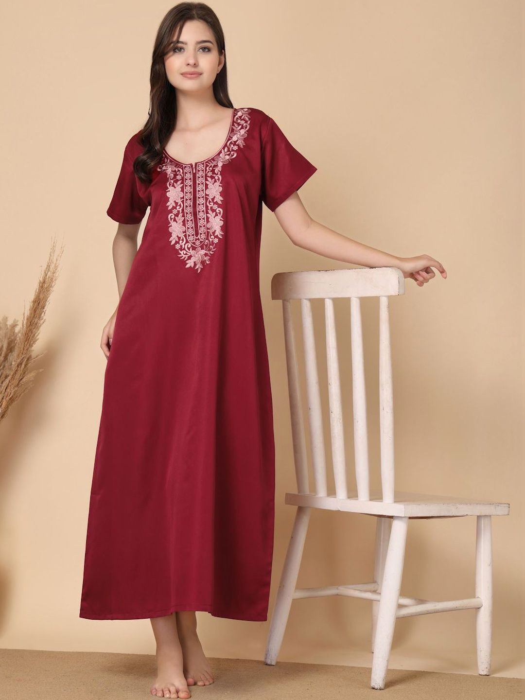 KLOTTHE Embroidered Round Neck Maxi NIghtdress-picture-14