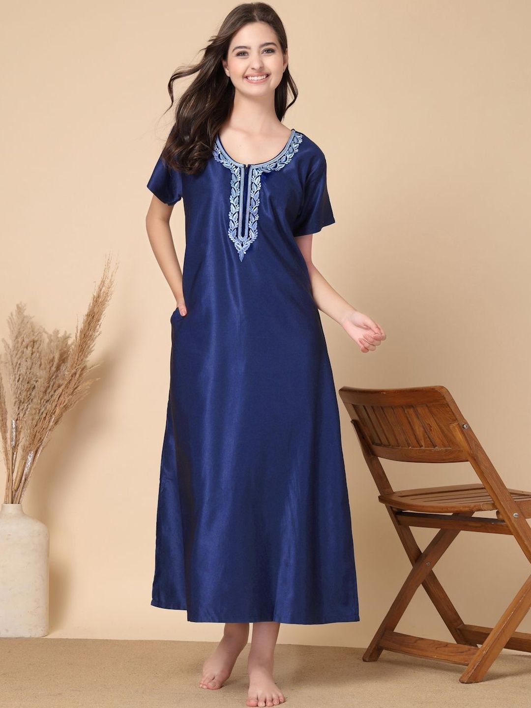 KLOTTHE Embroidered Round Neck Maxi NIghtdress-picture-40
