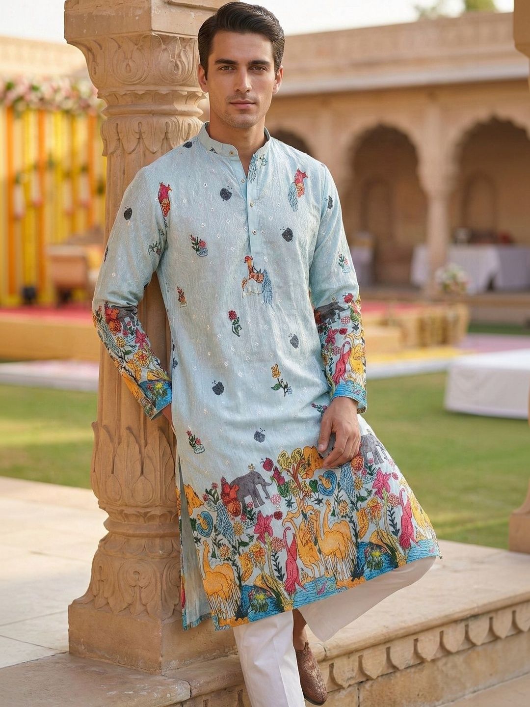 DUFFLE DOG Men Ethnic Motifs Embroidered Chikankari Cotton Kurta-picture-28