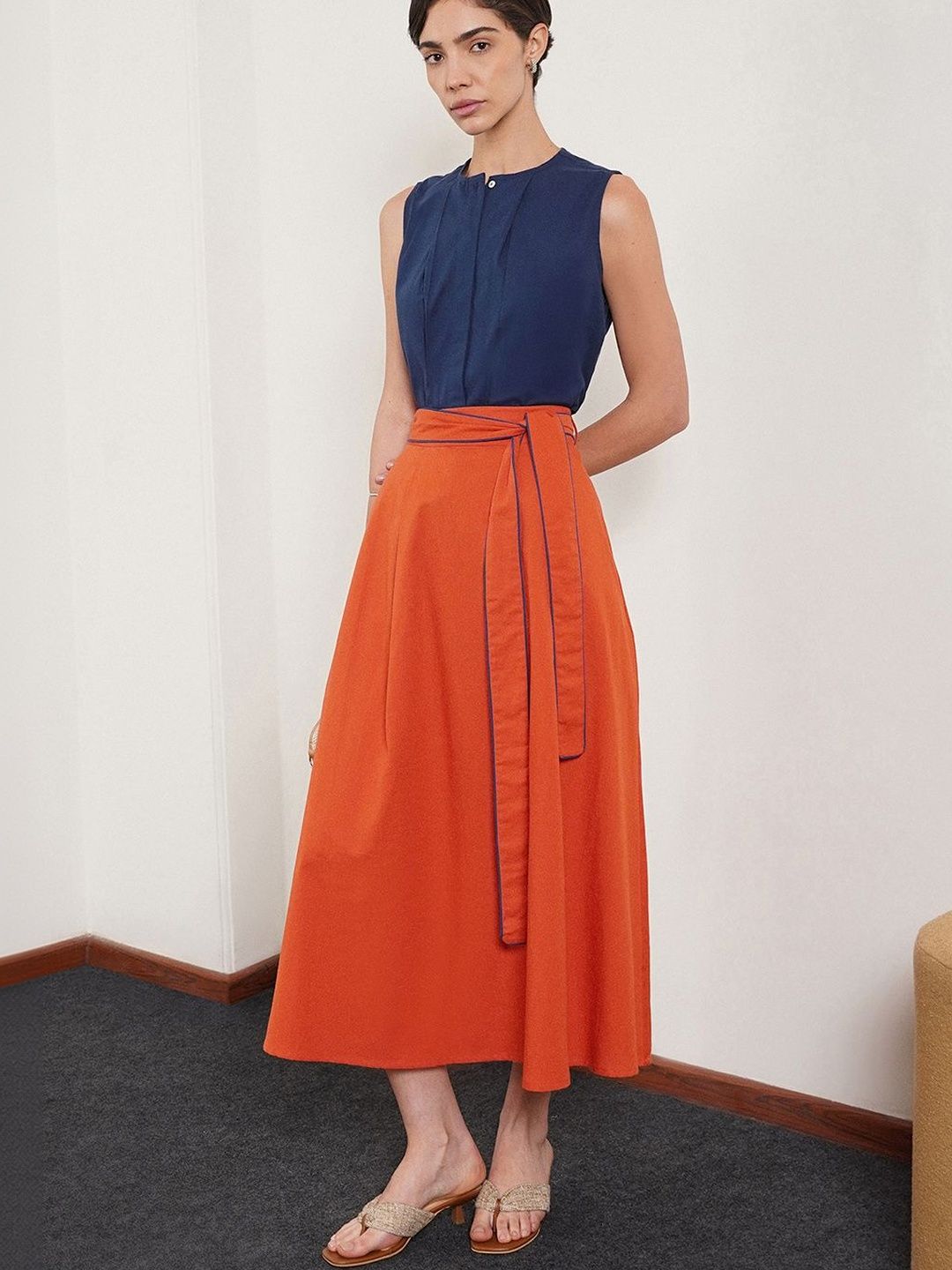 FableStreet Cotton High-Rise Tie-Ups Midi Flared Skirt-image-17