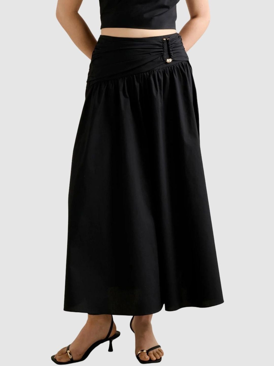 Forever New Women Cotton Blend Cotton Cambric Ruched Maxi A-Line Skirt-picture-46
