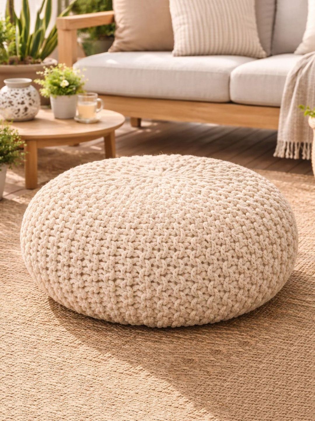 HABERE INDIA White Braided Round Ottomans-picture-44