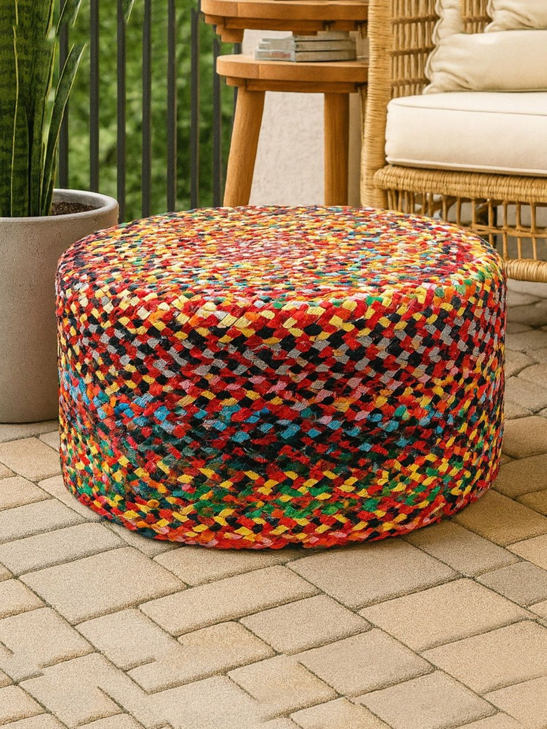 HABERE INDIA Red Braided Cylindrical Ottomans-picture-46