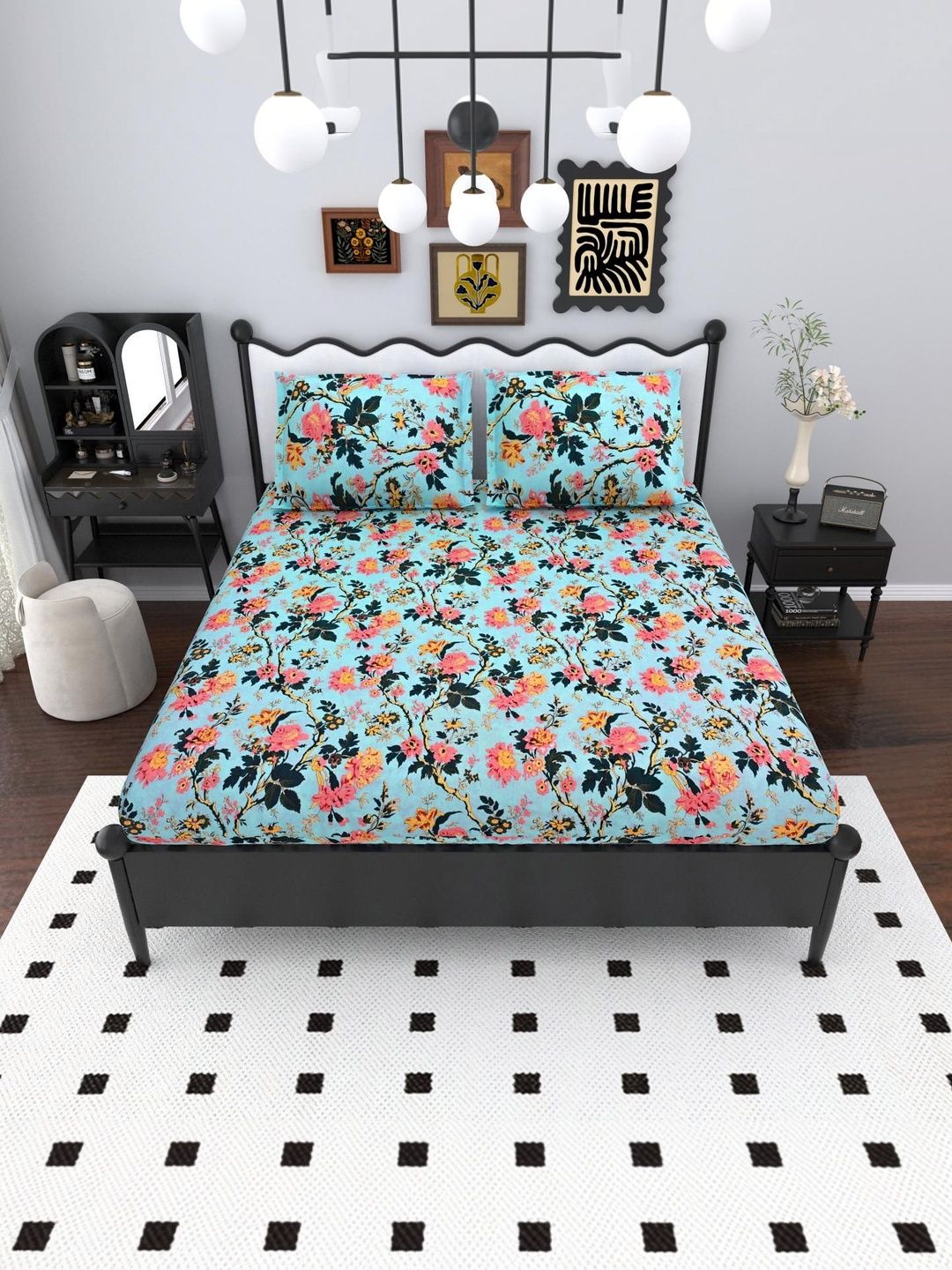 MAFATLAL Blue Floral 144 TC Bedsheet with 2 Pillow Covers-picture-41