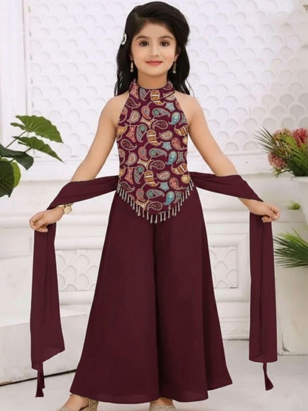 BAESD Girls Ethnic Motifs Printed Regular Top with Palazzos & With Dupatta