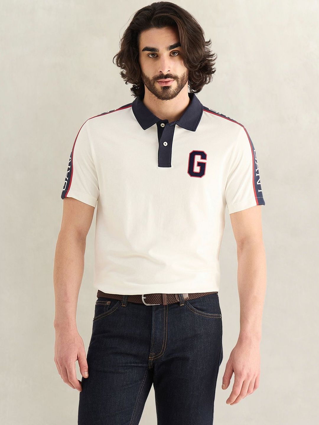 Gant Men Off White Logo Print Regular Fit Pure Cotton Polo T-Shirt-image-32