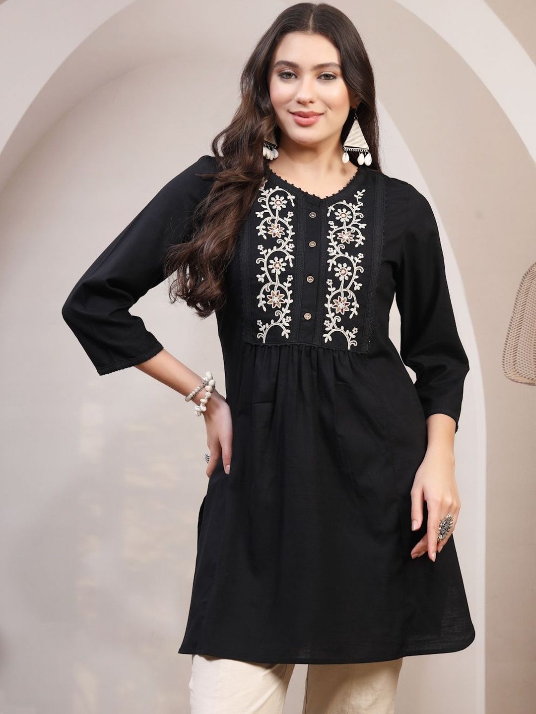 Nayam By Lakshita Floral Embroidered V-Neck Thread Work Pure Cotton Thread Work Empire Kurti-picture-39